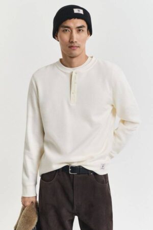 Waffle Textured Long Sleeve Henley T-Shirt