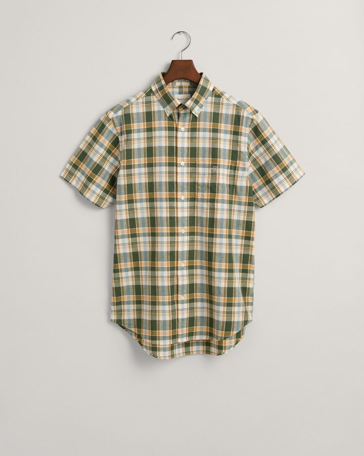 Regular Fit Checked Cotton Linen Short Sleeve Sh