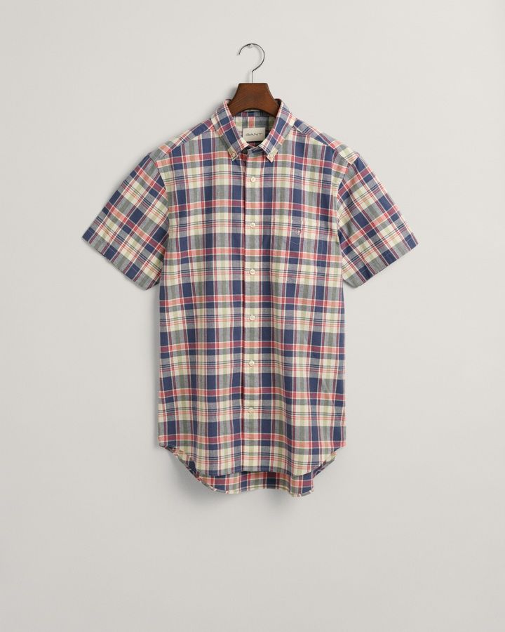 Regular Fit Checked Cotton Linen Short Sleeve Sh