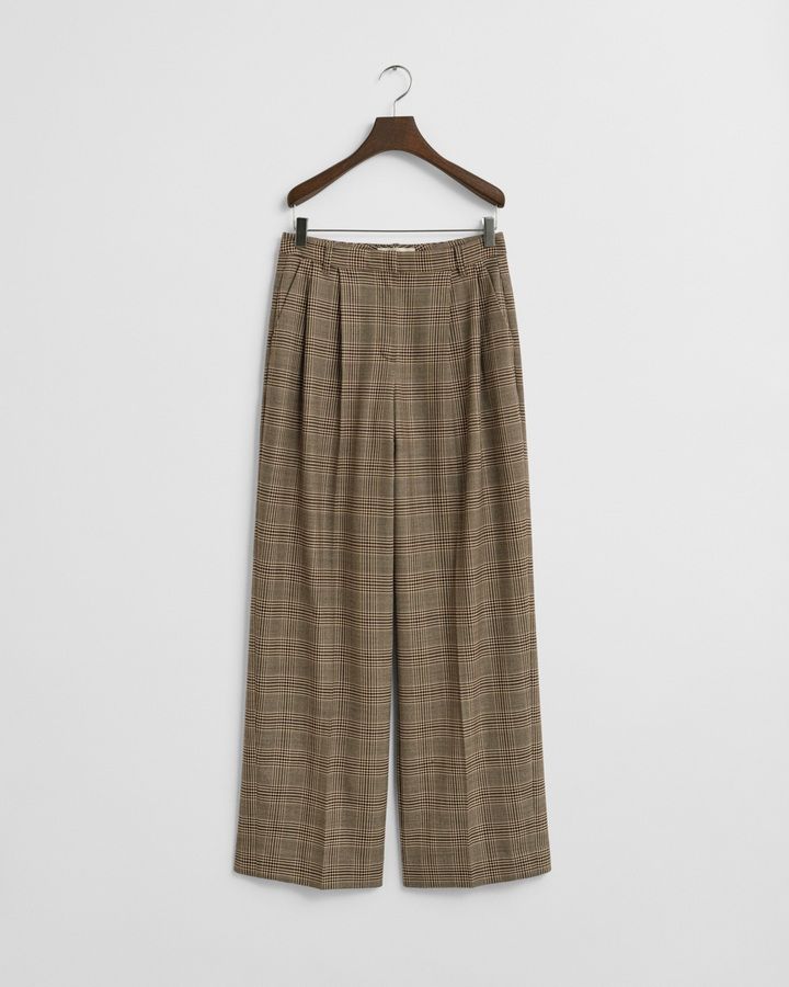 Checked Pleated Wool Blend Pants