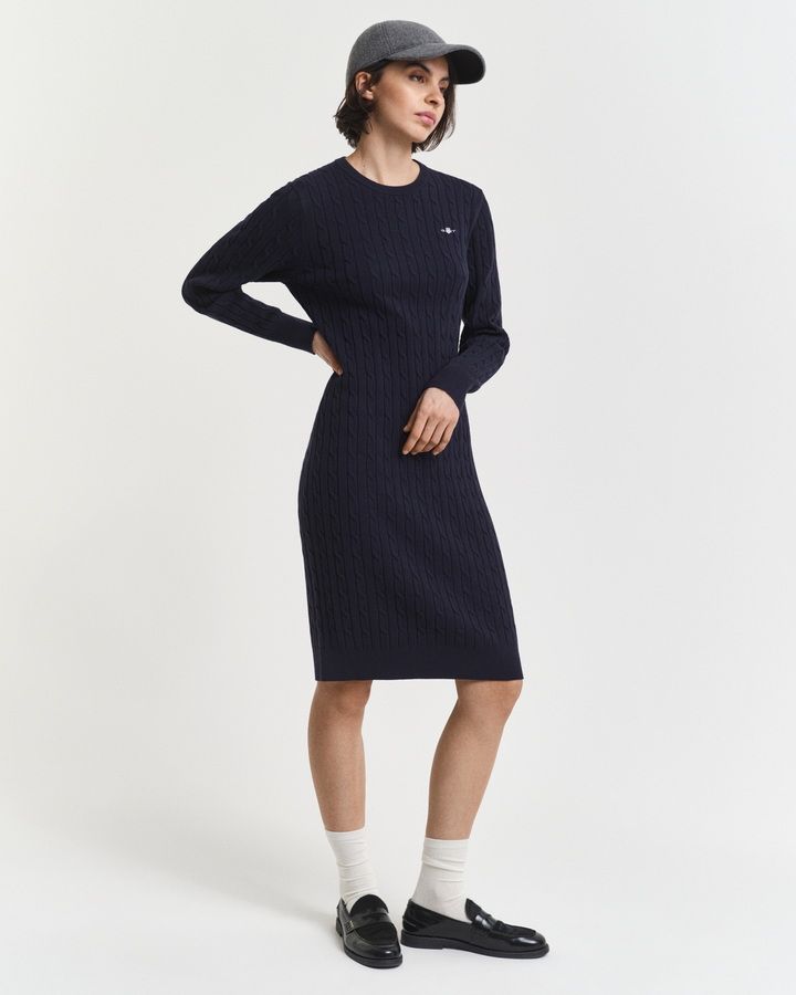 Stretch Cotton Cable Knit Crew Neck Dress
