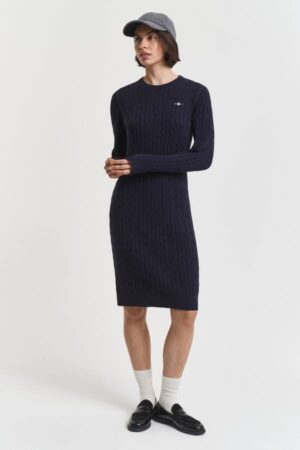 Stretch Cotton Cable Knit Crew Neck Dress