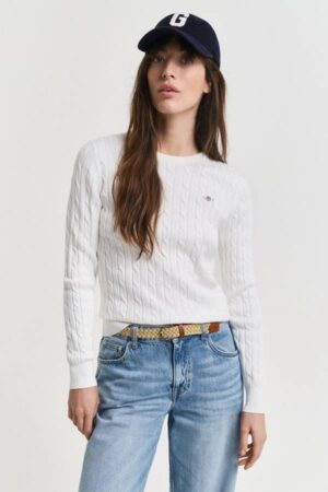 Stretch Cotton Cable Knit Crew Neck Sweater