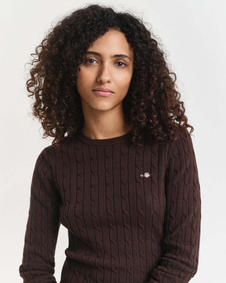Stretch Cotton Cable Knit Crew Neck Sweater