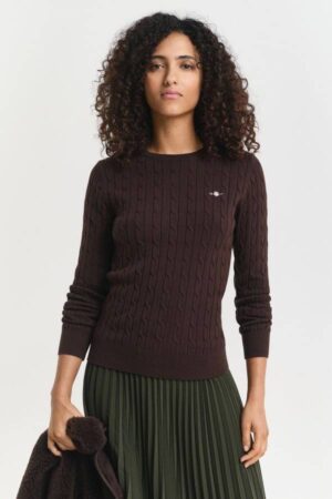 Stretch Cotton Cable Knit Crew Neck Sweater