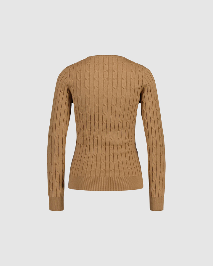 Stretch Cotton Cable Knit Crew Neck Sweater