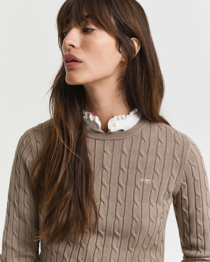 Stretch Cotton Cable Knit Crew Neck Sweater