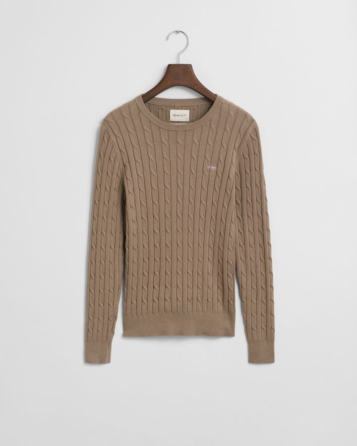 Stretch Cotton Cable Knit Crew Neck Sweater