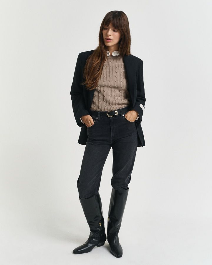 Stretch Cotton Cable Knit Crew Neck Sweater