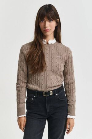 Stretch Cotton Cable Knit Crew Neck Sweater