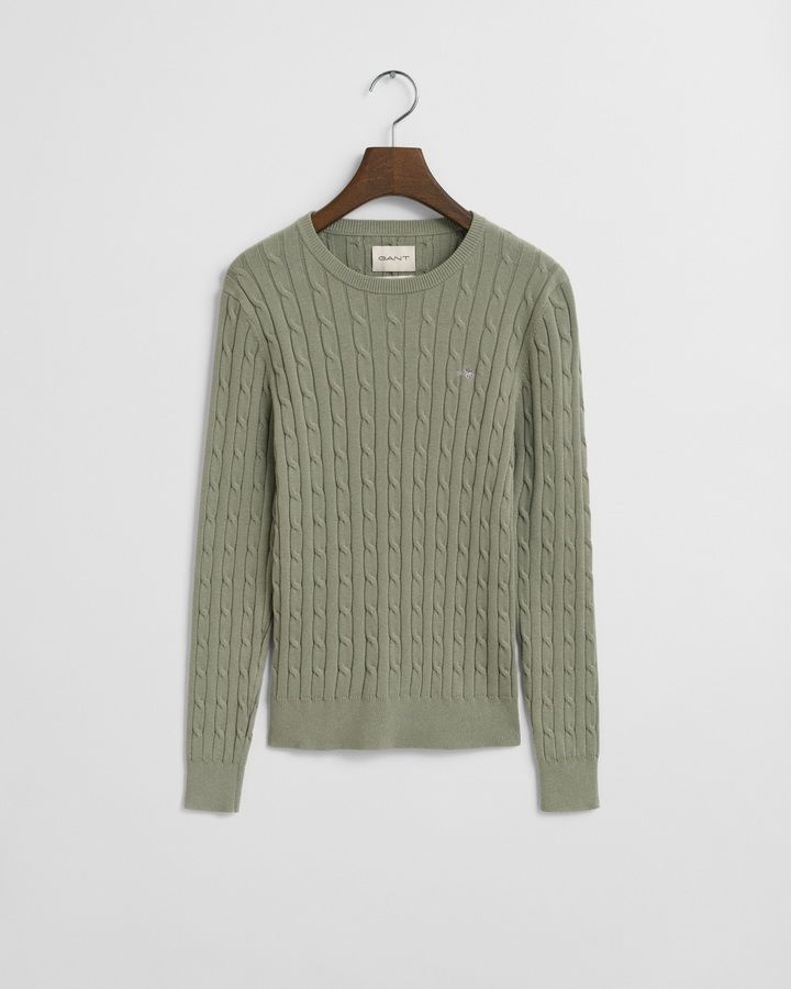 Stretch Cotton Cable Knit Crew Neck Sweater