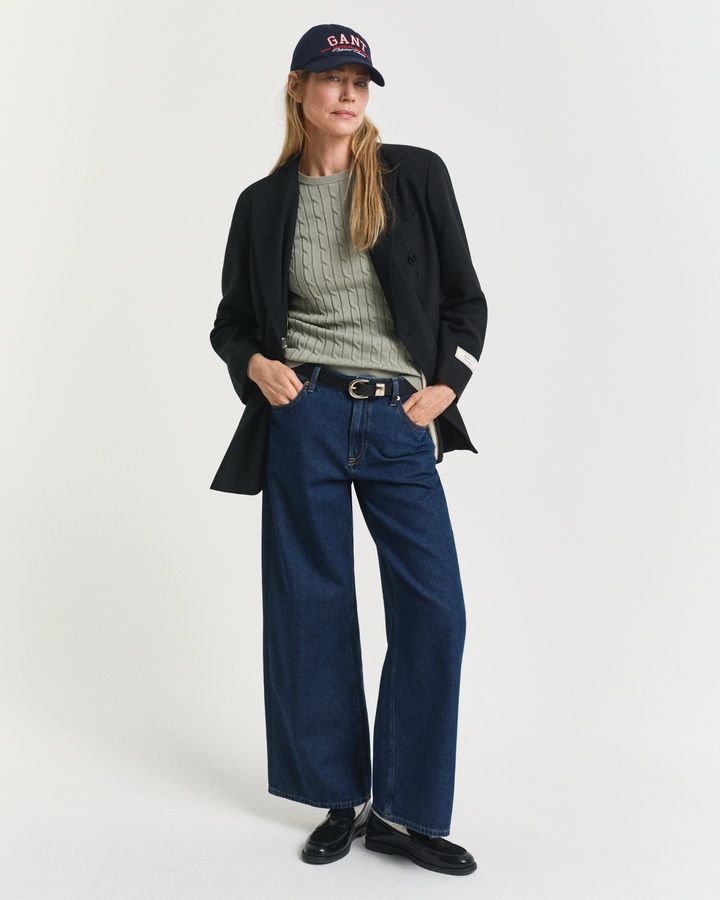 Stretch Cotton Cable Knit Crew Neck Sweater