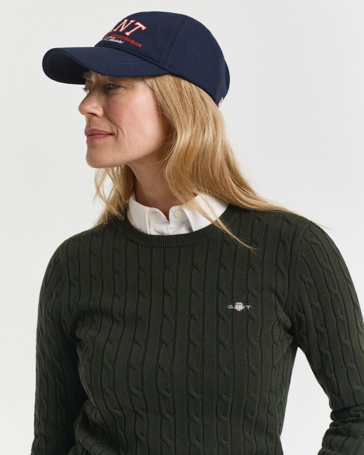 Stretch Cotton Cable Knit Crew Neck Sweater