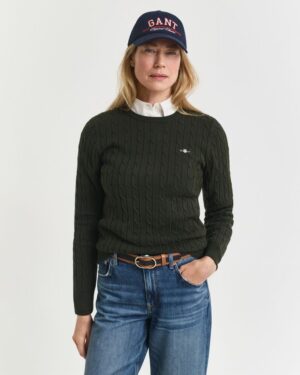 Stretch Cotton Cable Knit Crew Neck Sweater