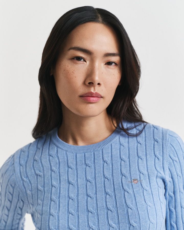 Stretch Cotton Cable Knit Crew Neck Sweater