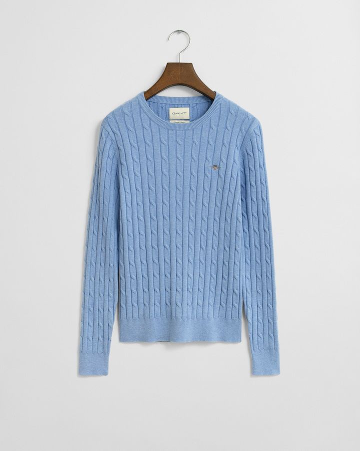 Stretch Cotton Cable Knit Crew Neck Sweater