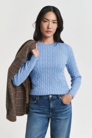 Stretch Cotton Cable Knit Crew Neck Sweater