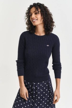 Stretch Cotton Cable Knit Crew Neck Sweater