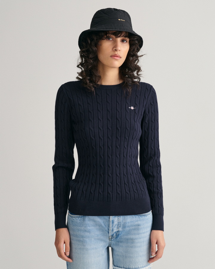 Stretch Cotton Cable Knit Crew Neck Sweater