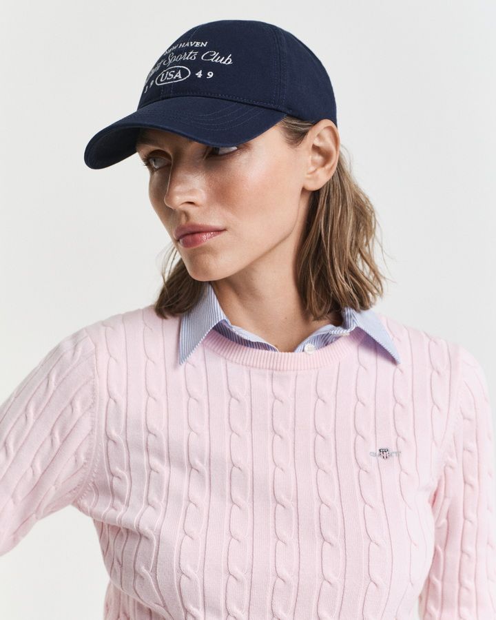 Stretch Cotton Cable Knit Crew Neck Sweater