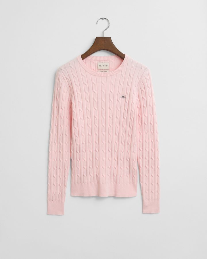 Stretch Cotton Cable Knit Crew Neck Sweater