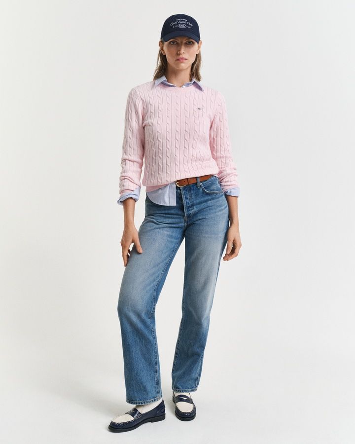 Stretch Cotton Cable Knit Crew Neck Sweater