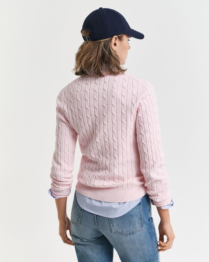 Stretch Cotton Cable Knit Crew Neck Sweater