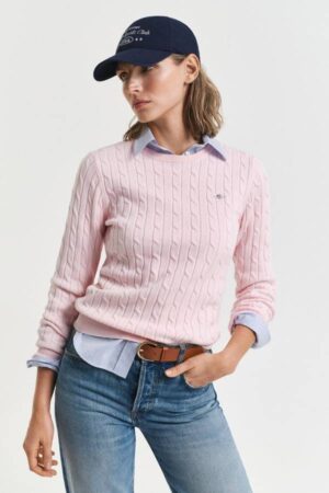 Stretch Cotton Cable Knit Crew Neck Sweater