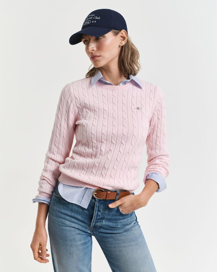 Stretch Cotton Cable Knit Crew Neck Sweater