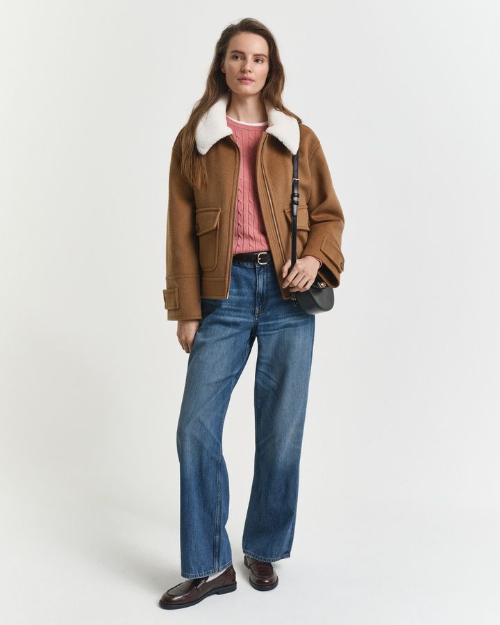 Stretch Cotton Cable Knit Crew Neck Sweater