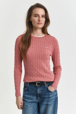 Stretch Cotton Cable Knit Crew Neck Sweater