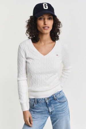 Stretch Cotton Cable Knit V-Neck Sweater