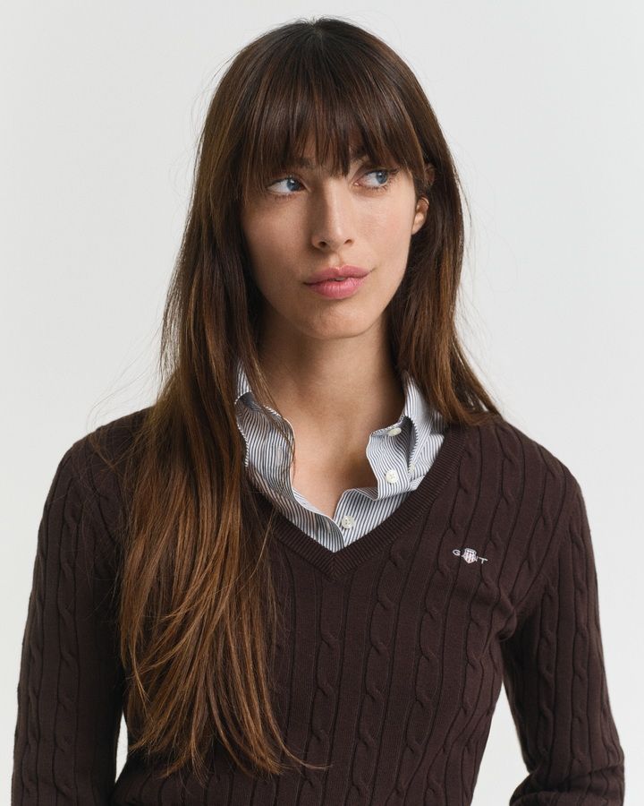 Stretch Cotton Cable Knit V-Neck Sweater