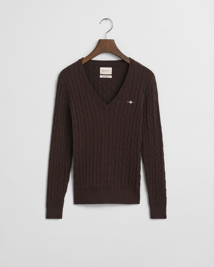Stretch Cotton Cable Knit V-Neck Sweater