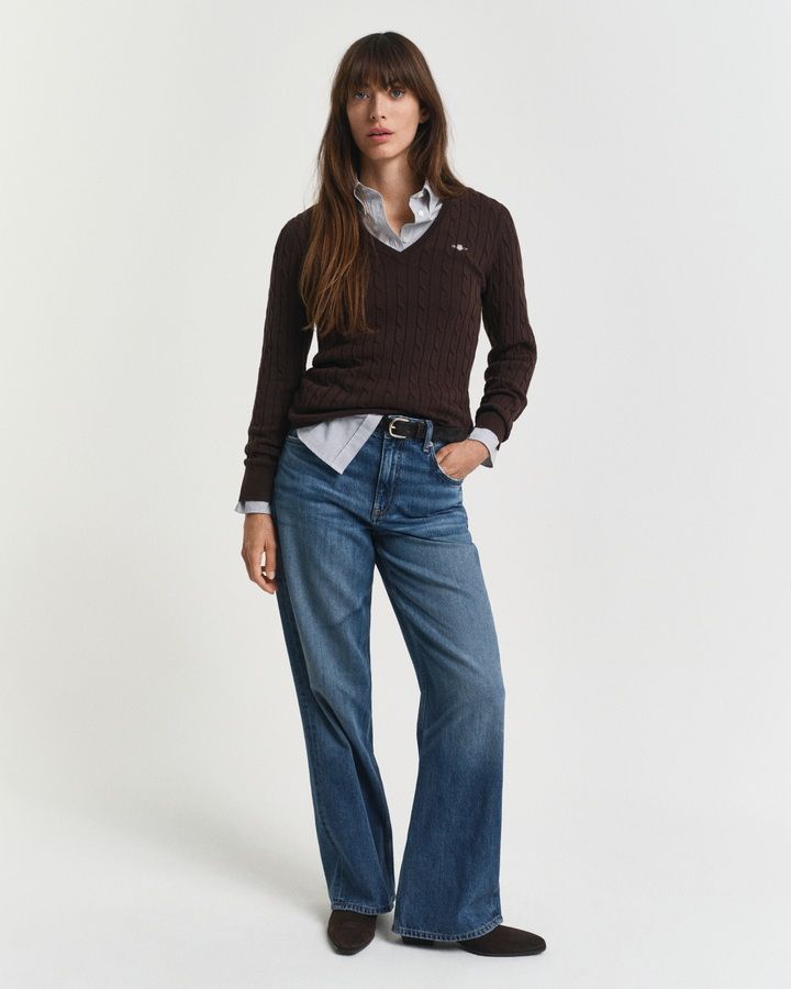 Stretch Cotton Cable Knit V-Neck Sweater