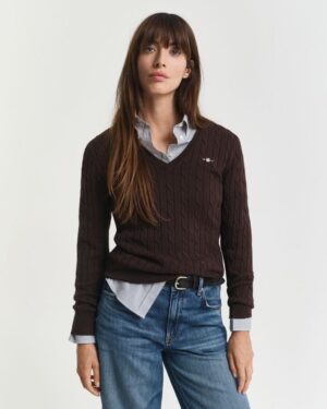 Stretch Cotton Cable Knit V-Neck Sweater