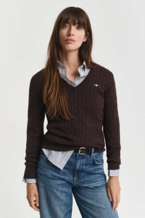 Stretch Cotton Cable Knit V-Neck Sweater