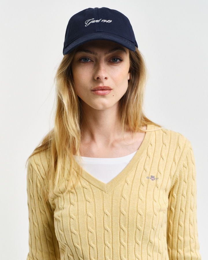 Stretch Cotton Cable Knit V-Neck Sweater