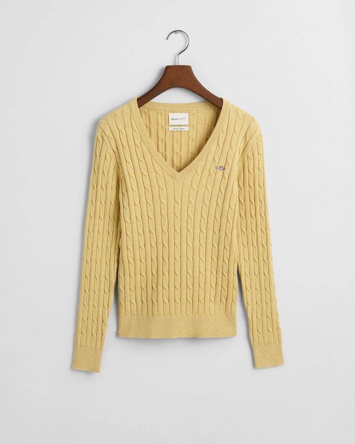 Stretch Cotton Cable Knit V-Neck Sweater