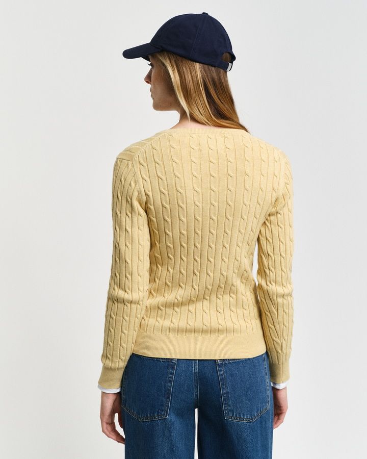 Stretch Cotton Cable Knit V-Neck Sweater