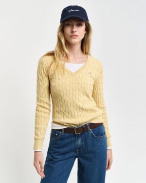 Stretch Cotton Cable Knit V-Neck Sweater