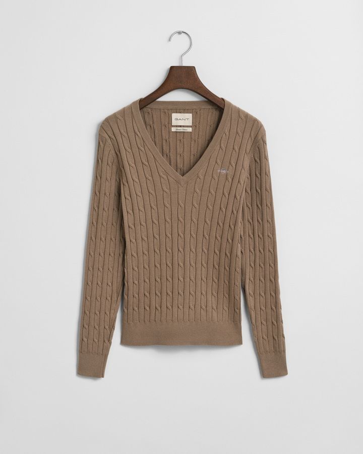 Stretch Cotton Cable Knit V-Neck Sweater