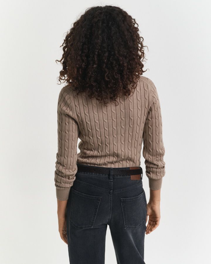 Stretch Cotton Cable Knit V-Neck Sweater