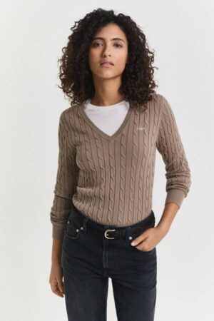 Stretch Cotton Cable Knit V-Neck Sweater