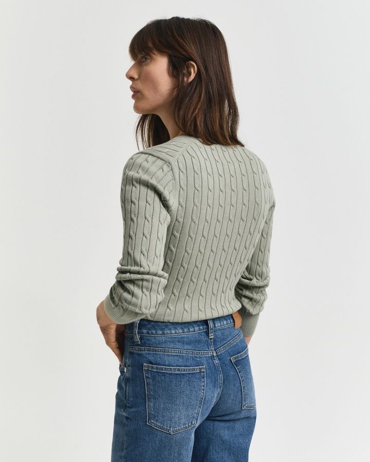Stretch Cotton Cable Knit V-Neck Sweater