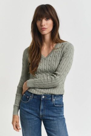 Stretch Cotton Cable Knit V-Neck Sweater