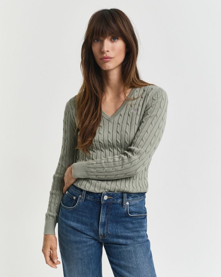 Stretch Cotton Cable Knit V-Neck Sweater