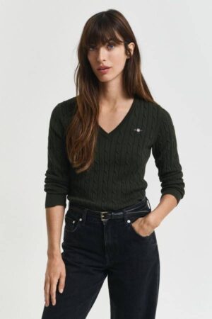 Stretch Cotton Cable Knit V-Neck Sweater