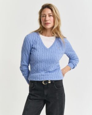 Stretch Cotton Cable Knit V-Neck Sweater