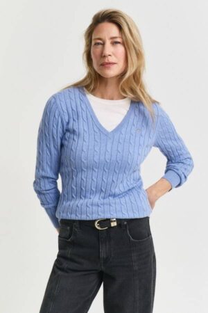 Stretch Cotton Cable Knit V-Neck Sweater